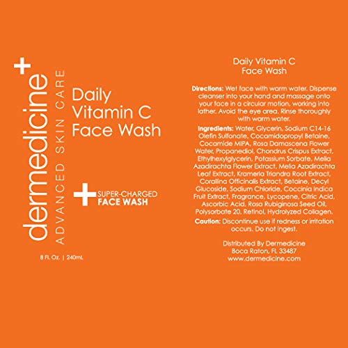 Dermedicine Daily Vitamin C Face Wash Super-Charged w/Marine & Plant Extracts & Retinol Cleaner | Works to Help as Cleanser, Brighten & Balance Complexion 8 Fl. Oz. | 240mL