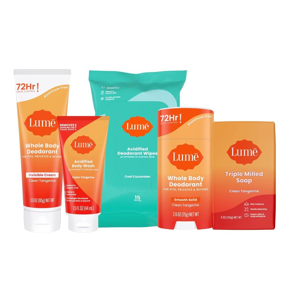 Lume Skin Care Gift Set for Women, Whole Body Deodorant Starter Pack -Smooth Solid Stick, Invisible Cream Tube, Acidified Body Wash Mini & Deodorant Wipes -Aluminum Free Odor Control (Clean Tangerine)