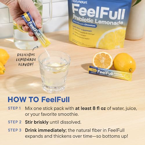 Daily Nouri FeelFull Prebiotic Lemonade Drink Mix with Chromium | for Natural Feeling of Fullness, Appetite & Cravings Support | Dietary Fiber for Gut Microbiome & Metabolic Health | 30 Stick Packs