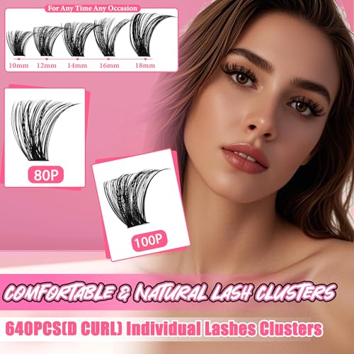 Gmagictobo Lash Extension Kit Lash Clusters Kit 640Pcs Volume Eyelash Clusters C Curl Lashes Clusters DIY Cluster Eyelash Extensions With Lash Bond and Seal Lash Tweezers
