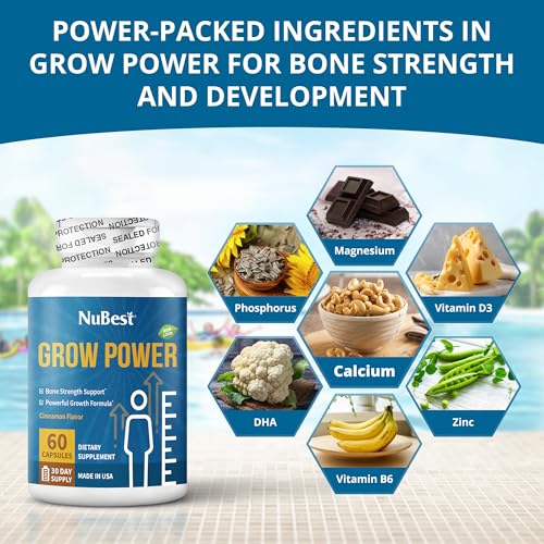 NuBest Grow Power - Calcium Supplement - Magnesium Supplement with Vitamin K2, Vitamin D3, Zinc and Multivitamin for Strong Bones, Overall Health for Age 10+ - 60 Capsules | 1 Month Supply