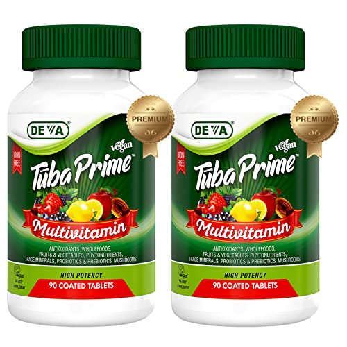 DEVA Tuba Prime Vegan Multivitamin Iron-Free High-Potency Vitamin & Mineral Dietary Supplement Antioxidants, Fruit & Veg Blend, Super Mushrooms, Probiotics, Prebiotics, Seeds, Herbs 90 Tabs 2-Pack
