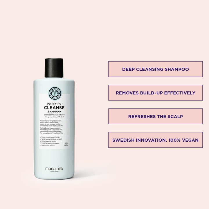 Maria Nila Purifying Cleanse, Shampoo 11.8 Fl Oz, Deep Cleansing, Removes Build-up & Residue, Peppermint & Aloe Vera Refresh and Condition Hair & Scalp