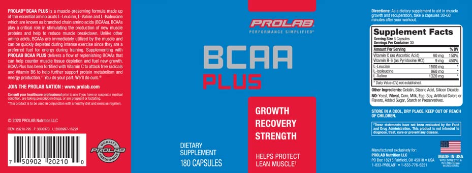 PROLAB BCAA PLUS, Branched Chain Amino Acid Capsules, 180-Count