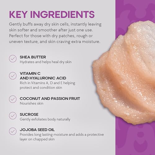 Dermasuri Exfoliating Sugar Scrub - Body Scrubber for Men & Women - Exfoliates & Removes Dead & Dry Skin for a Soft & Radiant Glow - Deep Hydration & Moisture - Coconut Passion Fruit