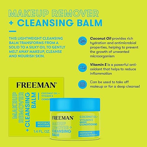 Freeman Makeup Remover + Cleansing Balm, Moisturizing & Nourishing Makeup Remover Balm, Coconut Oil & Vitamin E, Gently Removes Tough Makeup & Cleanses, 1.4 fl.oz./ 42 mL Jar, 1 Count