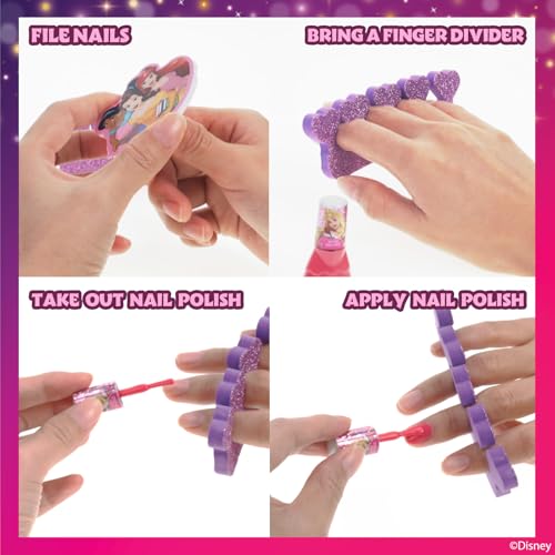 Townley Girl Disney Princess 15 Piece Water-Based Nail Polish with 3 Toe Spacers| Quick Dry| Peel Off| Gift Kit Set for Kids Girls| Ages 3