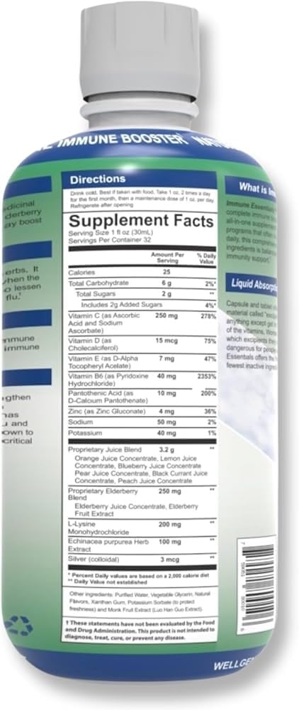 Wellgenix Immune Essentials - Multivitamin Liquid for Men, Women & Kids - Vegan Supplement with Vitamins C, D Elderberry Zinc, Echinacea for Toddler, Kid & Adult 32oz