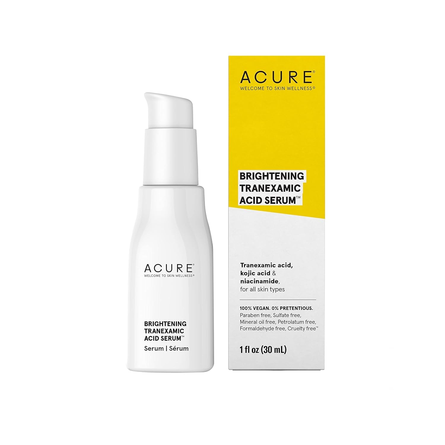 ACURE Brightening Tranexamic Acid Serum - Achieve Brighter Glowing Skin, Reduce Discoloration - Formulated with Tranexamic Acid, Niacinamide, Kojic Acid - Nighttime Skincare - 100% Vegan - 1 fl oz