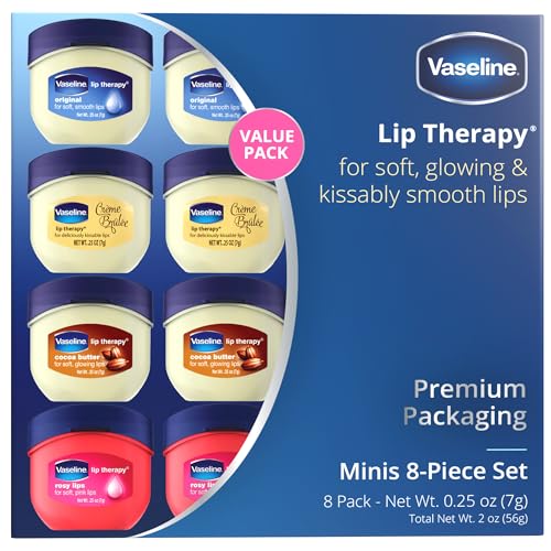 Vaseline Lip Therapy Variety 8-Pack – Original, Crème Brûlée, Rosy Lips, Cocoa Butter Mini Lip Balms for Soft, Glowing, and Deliciously Kissable Lips, 0.25 Oz Ea