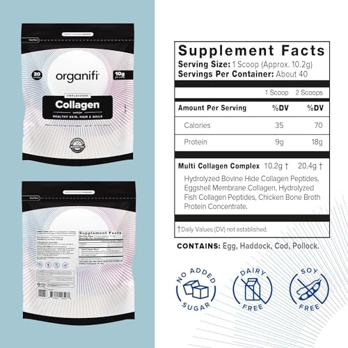 Organifi Collagen Powder - Fuller Hair, Stronger Nails, and Radiant Skin - Replenish and Rebuild Your Body - Gluten-Free, Dairy-Free, and Soy-Free Hydrolyzed Multi Collagen Peptides, 30 Servings