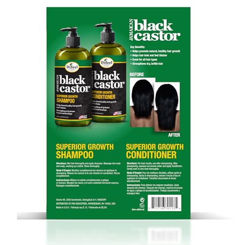 Difeel Jamaican Black Castor Superior Growth Shampoo and Conditioner Set - 2-PC Gift Box, for Normal, Dry, Damaged, Thinning, Frizzy Hair, Sulfate & Paraben Free, 33.8oz Each