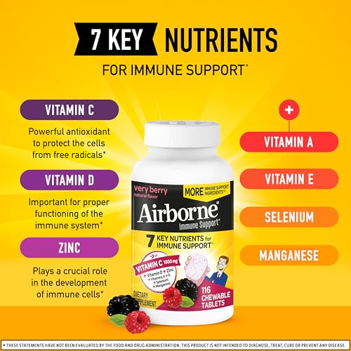Airborne 1000mg Vitamin C with Vitamin D & Zinc, Multivitamin Immune Support Supplement, Antioxidants Vitamins A C & Vitamin E, 116 Chewable Tablets, Very Berry Flavor