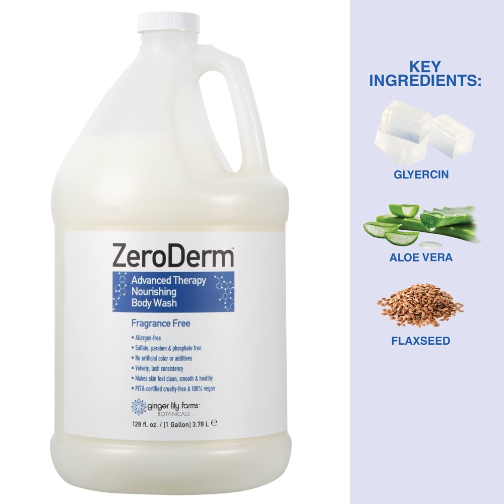 Ginger Lily Farms Botanicals ZeroDerm Advanced Therapy Nourishing Body Wash 100% Vegan Cruelty-Free Fragrance-Free 1 Gallon Refill, Unscented, 128 Fl. Oz.