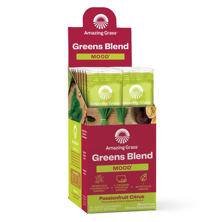 Amazing Grass Greens Blend Mood: Super Greens Powder Smoothie Mix for Mood, Relaxation & Stress Support with Organic Spirulina, Chlorella, Beet Root Powder, Digestive Enzymes & Probiotics, 15 Servings
