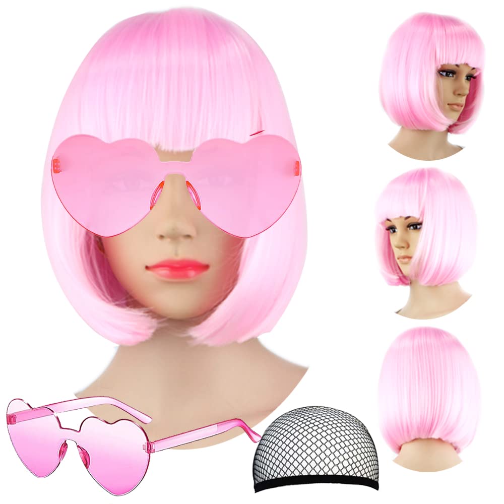 LIULIUBTY Short Bob Hair Wigs Straight with Flat Bangs Synthetic Colorful Cosplay Daily Party Neon Wig for Women + Free Wig Cap 12 Natural As Real (Cute Pink)