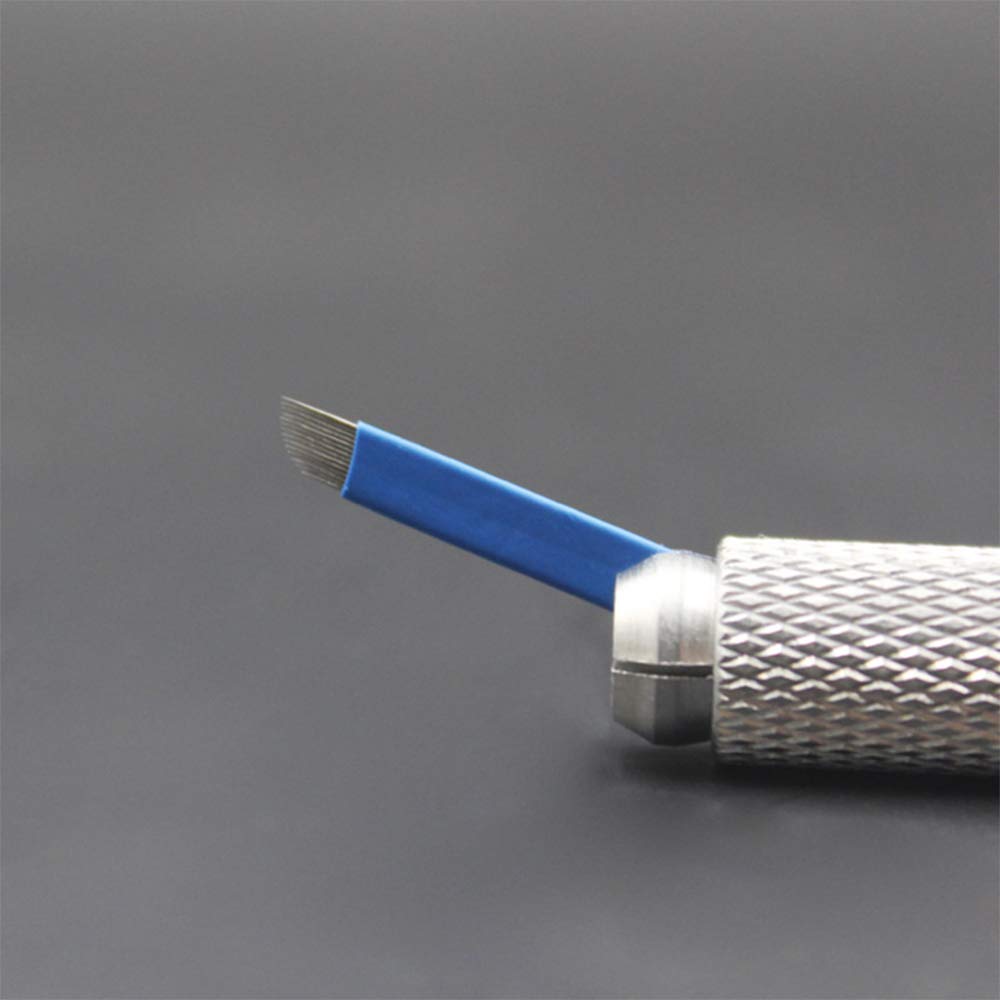 Pinkiou 50 Pcs Microblading Blade Micropigmentation Brow Lamination Makeup Manual Eyebrow Henna Disposable Sloped Needle Pin Bevel Shading (12Pin)