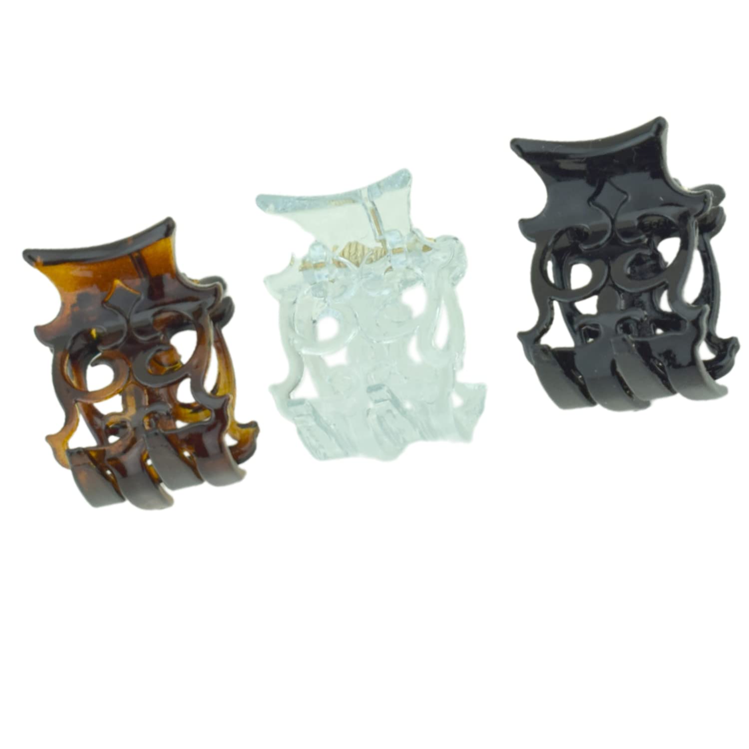 Parcelona French Intricate 3 Mini Small Claw Black N Shell N Clear Celluloid Approx. 1 Inch Jaw Hair Claw Clip Clutcher Clamp for Women and Girls