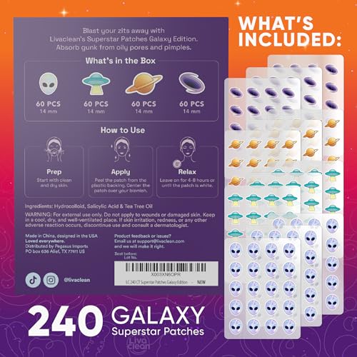 LivaClean 240 CT Superstar Pimple Patches Galaxy Edition w/Salicylic Acid & Tea Tree Oil - Pimple Patches Cute, Acne Patch for Face, Hydrocolloid Acne Patch