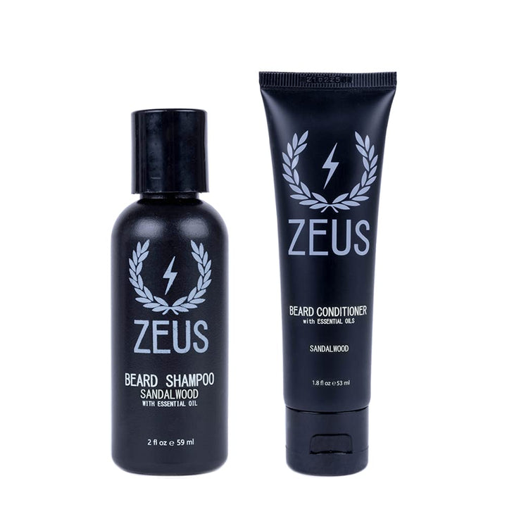 Zeus Travel Beard Shampoo (2 oz) and Beard Conditioner (1.8 oz) Set for Men (Scent: Sandalwood)