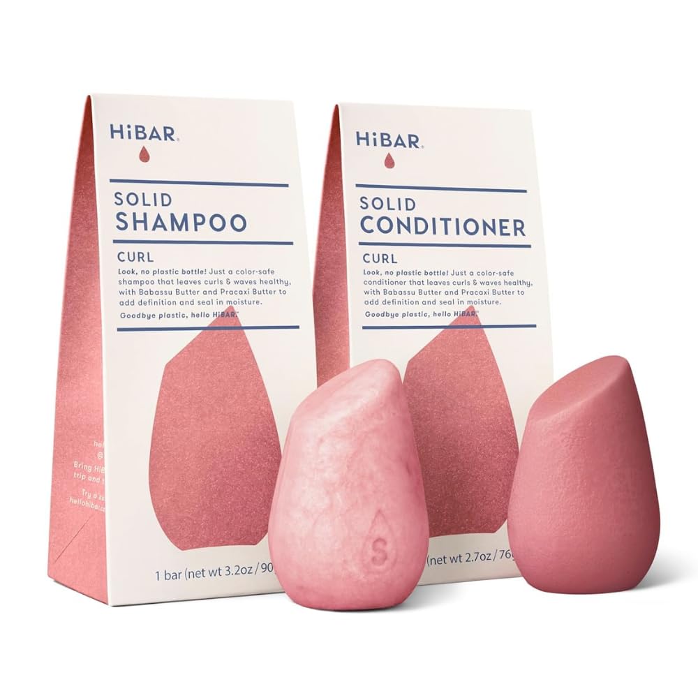 HiBAR - Curl Shampoo & Conditioner Set - For Curly Hair - Define, Cleanse & Nourish - Babassu, Pracaxi Butter & Curl Complex - Plastic, Soap, Paraben & Sulfate-Free - Color Safe & Vegan - 2 Solid Bars