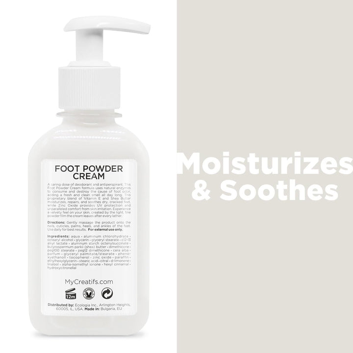 Cosmétiques Créatifs Foot Powder Cream for Dry Cracked Heels, Odor Control, and Intense Skin Hydration, 8.5 fl. oz., with Shea Butter and Vitamin E