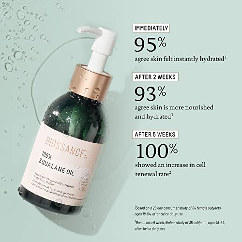 BIOSSANCE 100% Squalane Oil - Sustainable, Vegan Face Oil & Body Oil - Hydrating, Fast-Absorbing Moisturizer - Ideal for Oily Skin, Face, Hair - Organic Sugarcane-Derived Squalane, 3.3 ounces