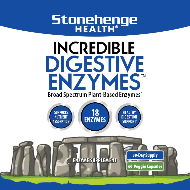 Stonehenge Health Incredible Digestive Enzymes - 18 Plant-Based Enzymes - Lipase, Lactase, Protease, Amylase, Bromelain for Gas, Bloating, Fatigue (1)