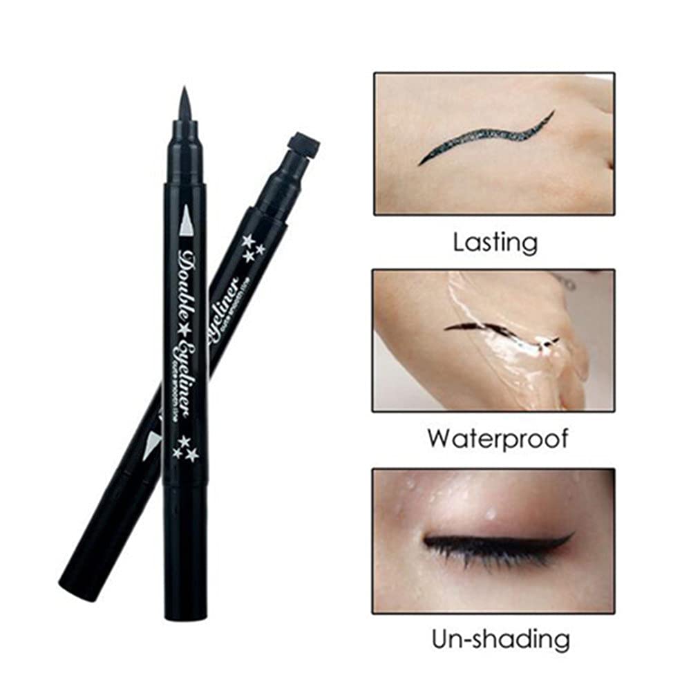 Pinkiou 2 in 1 Double-headed Liquid Eyeliner Pen Stamp Super Slim Gel Felt Tip High Pigment Black Waterproof Smudgeproof Long Lasting Tattoo Makeup Tool(Star)