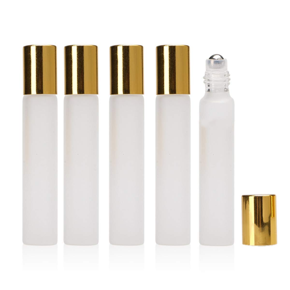 12Pcs 10ml Refillable Empty Frosted Glass Roller Bottles Vials Cosmetic Container with Stainless Steel Roller Ball and Gold Cap for Essential Oils, Aromatherapy, Perfumes and Lip Balms, 3 ml Dropper