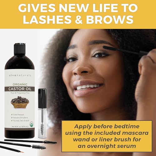 Viva Naturals Organic Castor Oil for Eyelashes and Eyebrows (16 fl oz) - USDA Certified Organic, Cold Pressed Castor Oil, Natural Hair Oil & Eyelash Serum, Beauty Kit Included