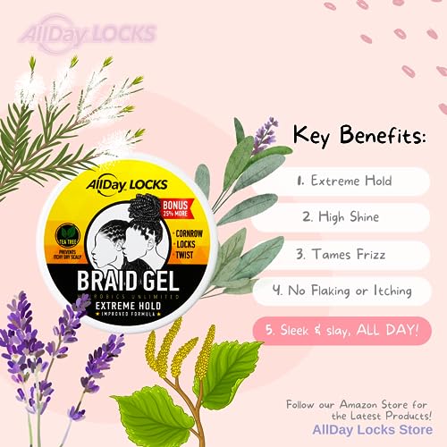 AllDay Locks Braid Gel | Extreme Hold, Smooths & Tames Frizz | No Flaking or Drying | High Shine, Long Lasting for Braids, Locks, Twists, Cornrows | 5 oz