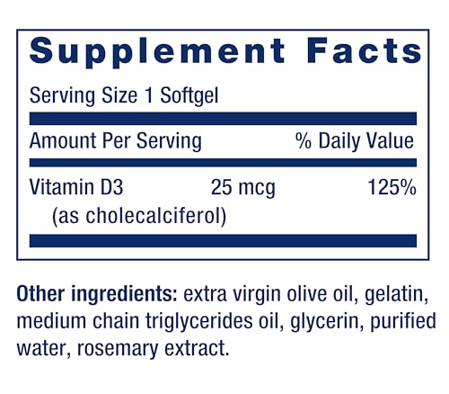 Life Extension Vitamin D3 25 mcg (1000 IU), Immune System Support, Bone Health, Whole-Body Health, Value Size, Gluten-Free, Non-GMO, 250 softgels
