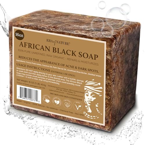 era of nature Best Raw ORGANIC AFRICAN BLACK SOAP, for Dry Skin and Skin Conditions. Pure & Natural Ingredients, Imported From Ghana - 1lb (16oz)