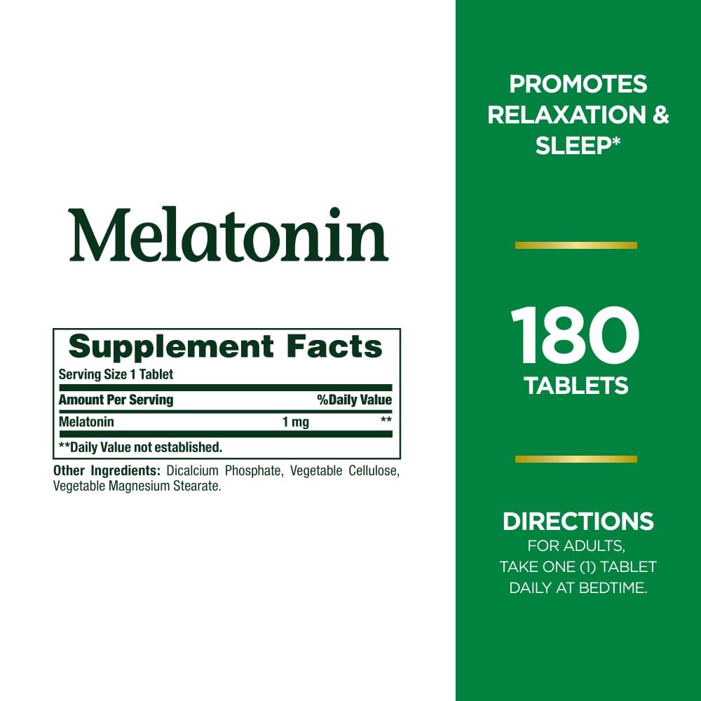 Nature's Bounty Melatonin, 100% Drug Free Sleep Aid, Promotes Relaxation and Sleep Health, 1mg, 180 Tablets