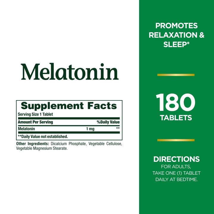 Nature's Bounty Melatonin, 100% Drug Free Sleep Aid, Promotes Relaxation and Sleep Health, 1mg, 180 Tablets