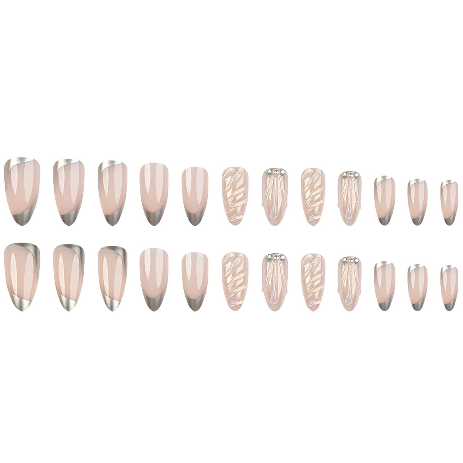 RIICFDD Medium Almond Press on Nails French Tip Fake Nails Sliver Tip Acrylic Nails 3D Water Ripple Glue on Nails Pearl Nail Charms Full Cover Reusable False Nails for Women Nail Art 24 Pcs
