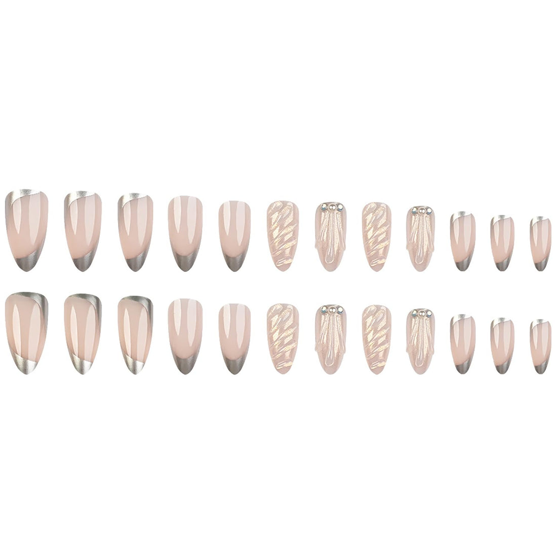 RIICFDD Medium Almond Press on Nails French Tip Fake Nails Sliver Tip Acrylic Nails 3D Water Ripple Glue on Nails Pearl Nail Charms Full Cover Reusable False Nails for Women Nail Art 24 Pcs