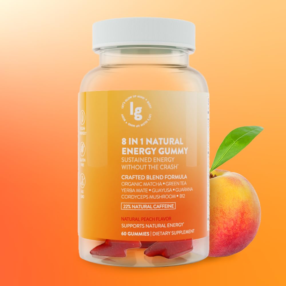 8-in-1 Natural Energy Gummies, Vitamin B12, Sleep Gummies, Womens Multivitamin Gummy, Energy Chews, Vitamin C Gummies, Running Gummies, Peach Flavor, Energy Supplements, 22% Caffeine, 60 Count