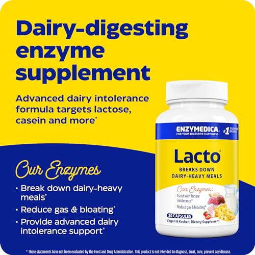 Enzymedica Lacto, Digestive Enzymes for Complete Dairy Digestion, Offers Fast-Acting Gas & Bloating Relief, Standard Packaging, 30 Count