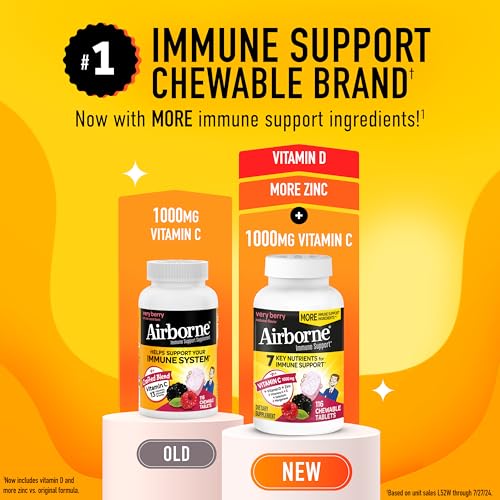 Airborne 1000mg Vitamin C with Vitamin D & Zinc, Multivitamin Immune Support Supplement, Antioxidants Vitamins A C & Vitamin E, 116 Chewable Tablets, Very Berry Flavor
