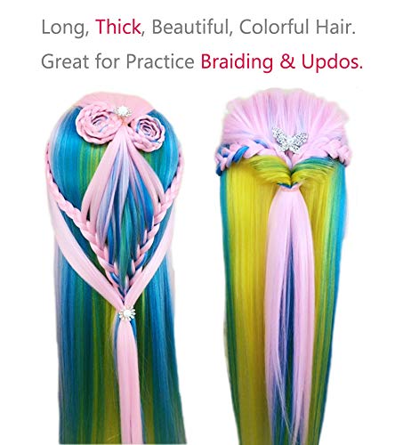 24 Cosmetology Mannequin Head 100% Synthetic Hair Rainbow Color, Practice Training Hair Styling Mannequin Head