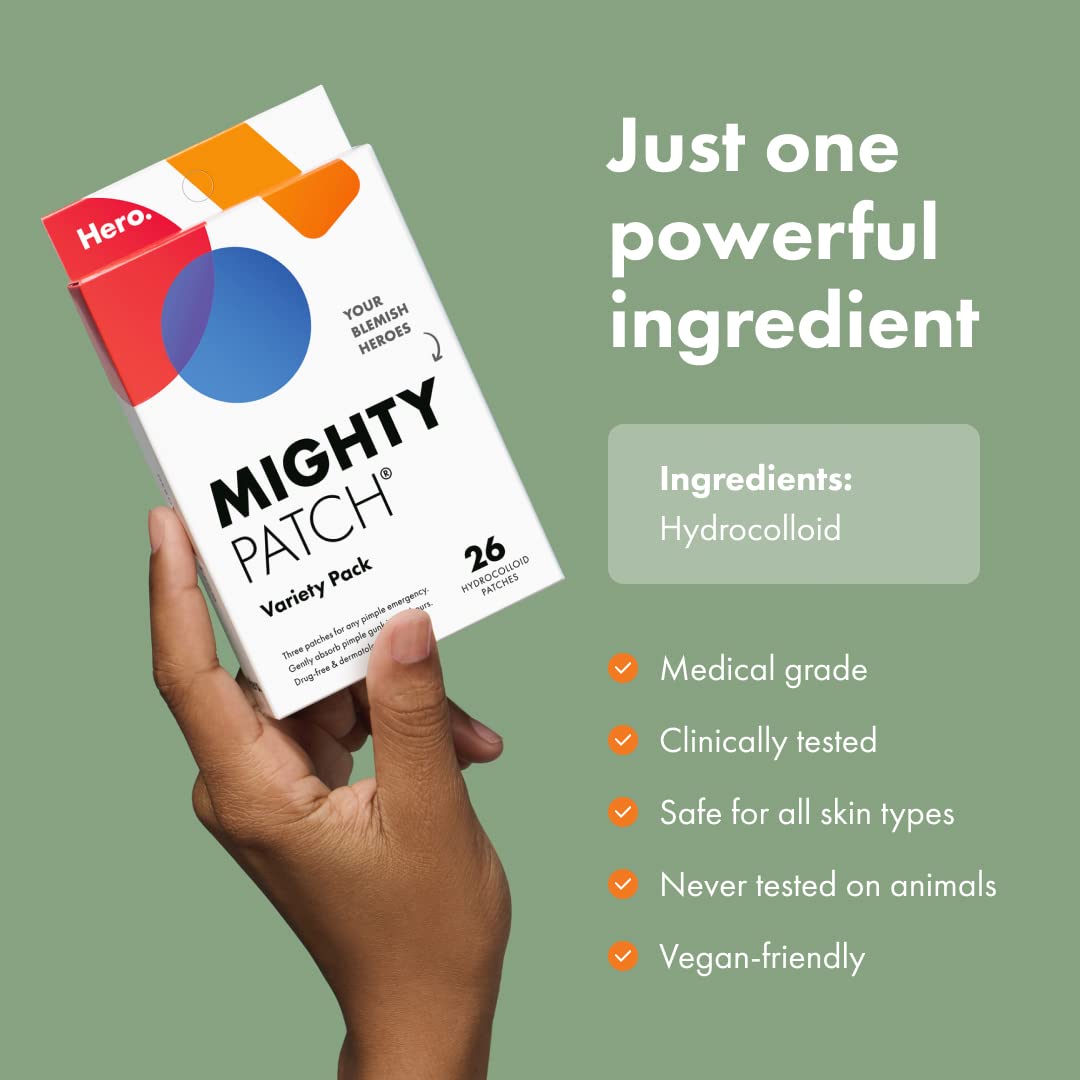 Mighty Patch Variety Pack from Hero Cosmetics - Hydrocolloid Acne Pimple Patches for Covering Zits and Blemishes, Spot Stickers for Face and Skin, Vegan-friendly and Not Tested on Animals (26 Count)