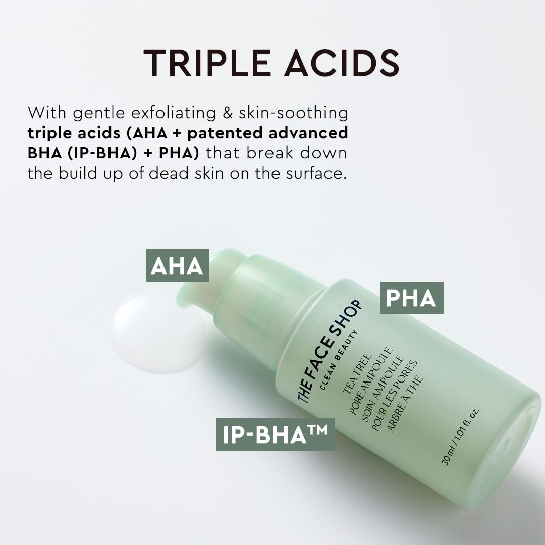 The Face Shop Tea Tree Pore Ampoule - Soothes & Moisturizes Skin, Exfoliating, Hydrating Face Serum, Minimizes Pores - AHA, BHA, PHA, Hyaluronic Acid, Panthenol - Korean Skin Care Moisturizer