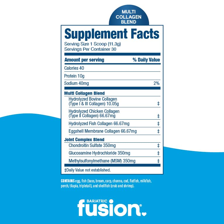 Bariatric Fusion Unflavored Multi Collagen Protein Powder | Hydrolyzed Collagen Peptides Powder Plus Joint Support Complex of MSM and Glucosamine | Type 2 | Dairy, Gluten & Soy Free | 30 Servings