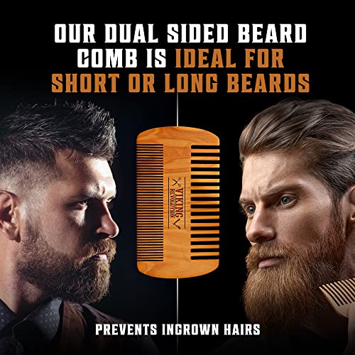 Viking Revolution Beard Comb & Beard Brush Set for Men -- Natural Boar Bristle Brush and Dual Action Pear Wood Comb w/Velvet Travel Pouch - Great for Grooming Beards and Mustaches