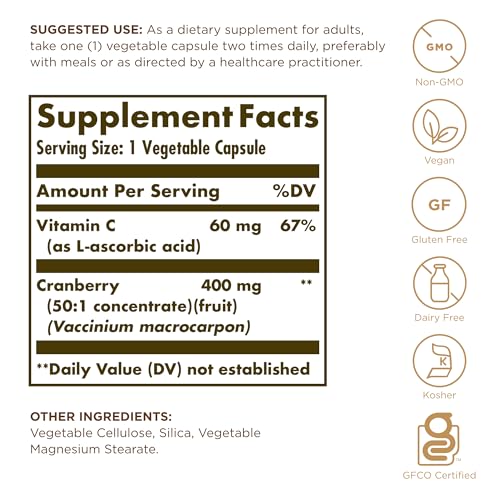 Solgar Cranberry with Vitamin C - 60 Vegetable Capsules, Pack of 3 - Supports Urinary & Bladder Health - Non-GMO, Vegan, Kosher, Gluten Free - 180 Total Servings