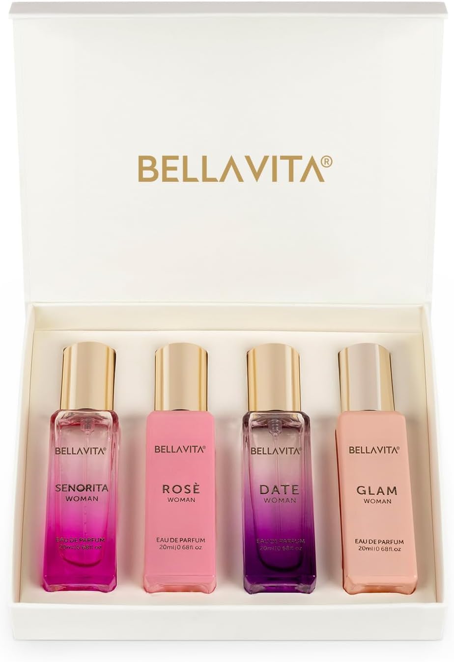 BellaVita Luxury Perfumes for Women Set (4x20ml) | Woman Perfume with DATE, SENORITA, GLAM & ROSE | Vanilla Perfume with Floral Sweet & Musk | Arabian Perfume for Women | Cologne & Perfume Gift Set