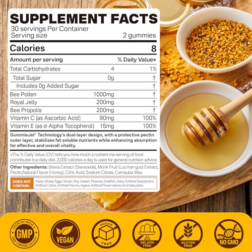 Nextdia Bee Pollen Organic 1000mg, w/Propolis, Royal Jelly, Sugar Free Bee Pollen Gummies Rich in B-Vitamin, Antioxidants, Amino Acids, Bee Pollen Supplement for Energy, Skin & Immune (1 Pack)