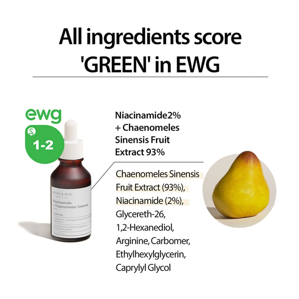 Mary&May Niacinamide + Chaenomeles Sinensis Serum, 2% Niacinamide and 93% Chaenomeles Sinensis extract to improve pigmentation and dermal impurity, Fragrance Free 1.01 fl oz